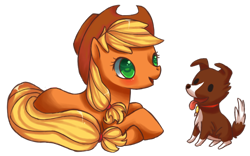 Size: 800x500 | Tagged: safe, artist:mustachu, imported from derpibooru, applejack, winona, dog, earth pony, pony, duo, female, mare, prone, simple background, tongue out, transparent background