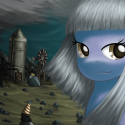 Size: 800x800 | Tagged: safe, artist:saturnspace, imported from derpibooru, limestone pie, rocky, tom, earth pony, pony, bust, description in comments, farm, female, looking at you, mare, photoshop, portrait, rock, rock farm, smiling, windmill, windswept mane