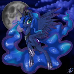 Size: 1500x1500 | Tagged: safe, artist:starlightspark, imported from derpibooru, princess luna, alicorn, pony, female, flying, full moon, happy, hoof shoes, looking at you, mare, moon, paint tool sai, smiling, solo, spread wings, wings