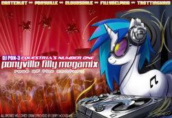 Size: 1200x825 | Tagged: safe, artist:johnjoseco, imported from derpibooru, dj pon-3, vinyl scratch, pony, unicorn, crowd, female, headphones, mare, photoshop, poster, solo focus, text