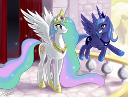 Size: 1500x1134 | Tagged: safe, artist:johnjoseco, imported from derpibooru, princess celestia, princess luna, alicorn, pony, balcony, duo, female, mare, photoshop, royal sisters, s1 luna, underhoof