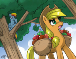 Size: 1020x805 | Tagged: safe, artist:johnjoseco, imported from derpibooru, applejack, rainbow dash, earth pony, pegasus, pony, apple, applejack's hat, basket, cowboy hat, female, folded wings, food, hat, in a tree, mare, open mouth, photoshop, signature, tree, wings