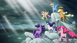 Size: 1800x1013 | Tagged: safe, artist:johnjoseco, imported from derpibooru, applejack, fluttershy, pinkie pie, rainbow dash, rarity, twilight sparkle, earth pony, pegasus, pony, unicorn, badass, cloud, cloudy, crepuscular rays, dramatic pose, epic, female, flutterbadass, fulfilled cutie mark, mane six, mare, ocean, photoshop, pose as a team 'cause shit just got real, rock, unicorn twilight