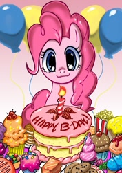 Size: 780x1101 | Tagged: safe, artist:johnjoseco, imported from derpibooru, pinkie pie, earth pony, pony, balloon, birthday, cake, cute, diapinkes, female, looking at you, mare, photoshop, solo