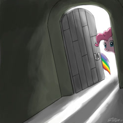 Size: 900x900 | Tagged: source needed, safe, artist:johnjoseco, imported from derpibooru, pinkie pie, rainbow dash, earth pony, pegasus, pony, door, female, mare, peeking, photoshop