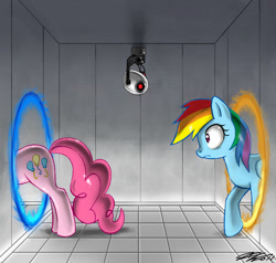 Size: 960x912 | Tagged: safe, artist:johnjoseco, imported from derpibooru, pinkie pie, rainbow dash, earth pony, pegasus, pony, crossover, female, mare, photoshop, portal, portal (valve)