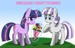 Size: 1200x774 | Tagged: safe, artist:johnjoseco, imported from derpibooru, twilight sparkle, twilight velvet, pony, unicorn, duo, female, flower, mare, mother and daughter, mother's day, photoshop, unicorn twilight