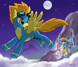 Size: 1200x1037 | Tagged: safe, artist:johnjoseco, imported from derpibooru, rainbow dash, spitfire, pegasus, pony, canterlot, clothes, dress, female, flying, gala dress, mare, moon, night, photoshop, uniform, wonderbolts uniform