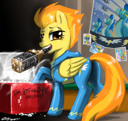 Size: 1200x1142 | Tagged: safe, artist:johnjoseco, imported from derpibooru, spitfire, pegasus, pony, alcohol, butt, cooler, drunk, female, ice, jack daniel's, mare, misspelling, mouth hold, photoshop, plot, poster, solo, whiskey, wonderbolts, wonderbolts poster