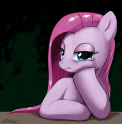 Size: 900x913 | Tagged: safe, artist:johnjoseco, imported from derpibooru, pinkie pie, earth pony, pony, 2011, abstract background, bored, female, hoof on cheek, looking at you, mare, photoshop, pinkamena diane pie, sigh, signature, solo