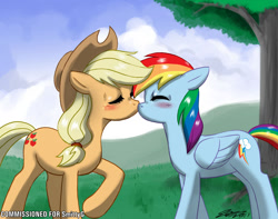 Size: 1200x947 | Tagged: safe, artist:johnjoseco, imported from derpibooru, applejack, rainbow dash, earth pony, pegasus, pony, appledash, applejack's hat, blushing, cowboy hat, female, hat, kissing, lesbian, love, mare, photoshop, shipping