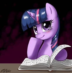 Size: 900x913 | Tagged: safe, artist:johnjoseco, imported from derpibooru, twilight sparkle, pony, unicorn, blushing, book, female, mare, photoshop, smiling, solo, unicorn twilight