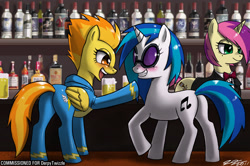 Size: 1200x799 | Tagged: safe, artist:johnjoseco, imported from derpibooru, dj pon-3, spitfire, vinyl scratch, oc, unnamed oc, pegasus, pony, unicorn, bar, bartender, blushing, drunk, female, lesbian, mare, photoshop, rarepair, shipping, trio, vinylfire