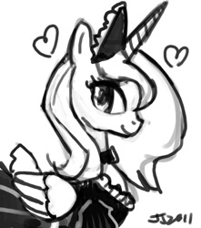 Size: 600x678 | Tagged: safe, artist:johnjoseco, imported from derpibooru, princess luna, alicorn, pony, clothes, female, grayscale, heart, maid, mare, monochrome, photoshop, profile, s1 luna, simple background, solo, white background