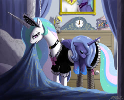 Size: 1500x1212 | Tagged: safe, artist:johnjoseco, imported from derpibooru, derpy hooves, princess celestia, princess luna, alicorn, pony, bed, carrying, clock, clothes, female, fishnets, french maid, maid, maidlestia, mare, mouth hold, painting, photoshop, plushie, royal sisters, s1 luna, siblings, sisters, toy