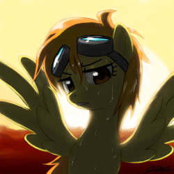 Size: 900x900 | Tagged: safe, artist:johnjoseco, imported from derpibooru, spitfire, pegasus, pony, alternate hairstyle, backlighting, female, goggles, looking at you, mare, photoshop, solo, sweat