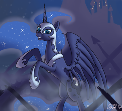 Size: 975x886 | Tagged: safe, artist:alipes, imported from derpibooru, nightmare moon, princess luna, alicorn, pony, castle, female, mare, rearing, slim, solo, thin, war