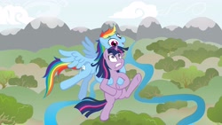 Size: 4859x2733 | Tagged: safe, artist:minimoose772, imported from derpibooru, rainbow dash, twilight sparkle, pegasus, pony, unicorn, carrying, female, flying, mare, photoshop, river, scared, unicorn twilight, wallpaper