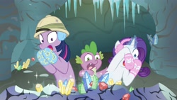 Size: 4859x2733 | Tagged: safe, artist:minimoose772, imported from derpibooru, rarity, spike, twilight sparkle, dragon, pony, unicorn, cave, clothes, female, gem, male, mare, photoshop, scared, socks, stalactite, wallpaper