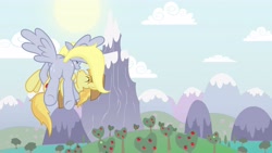 Size: 4859x2733 | Tagged: safe, artist:minimoose772, imported from derpibooru, braeburn, derpy hooves, earth pony, pegasus, pony, butt, carrying, derpyburn, female, flying, male, mare, mountain, mountain range, photoshop, plot, rear view, shipping, stallion, straight, tree, wallpaper