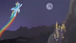 Size: 4859x2733 | Tagged: safe, artist:minimoose772, imported from derpibooru, rainbow dash, pegasus, pony, canterlot, female, flying, mare, mare in the moon, moon, night, photoshop, rainbow, solo, wallpaper