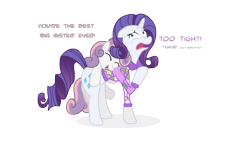 Size: 4859x2733 | Tagged: safe, artist:minimoose772, imported from derpibooru, rarity, sweetie belle, pony, unicorn, belle sisters, can't breathe, clothes, dialogue, duo, duo female, female, filly, mare, photoshop, simple background, transparent background