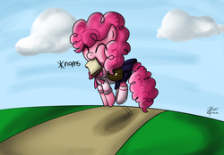 Size: 3450x2400 | Tagged: safe, artist:leadhooves, imported from derpibooru, pinkie pie, earth pony, pony, clothes, eyes closed, female, filly, filly pinkie pie, foal, happy, herbivore, high res, nom, pronking, saddle bag, sailor uniform, sandwich, schoolgirl, skirt, solo, younger