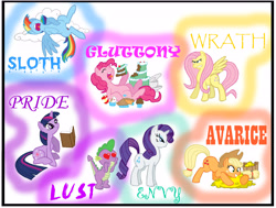 Size: 5496x4144 | Tagged: safe, artist:grimwolf01, imported from derpibooru, applejack, fluttershy, pinkie pie, rainbow dash, rarity, spike, twilight sparkle, dragon, earth pony, pegasus, pony, unicorn, absurd resolution, angry, arrogant, bits, blue text, book, cake, female, flutterbitch, food, glare, greedy, green text, heart eyes, hilarious in hindsight, hoarding, infatuation, jealous, lazy, male, mane seven, mane sin, mane six, mare, orange text, photoshop, pink text, pinkie being pinkie, pride (deadly sin), purple text, reading, saligia, seven deadly sins, sin of envy, sin of gluttony, sin of greed, sin of lust, sin of pride, sin of sloth, sin of wrath, sleeping, spread wings, unicorn twilight, wingding eyes, yellow text