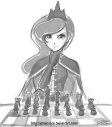 Size: 900x1020 | Tagged: safe, artist:johnjoseco, imported from derpibooru, princess luna, human, cape, chess, clothes, female, grayscale, humanized, looking at you, military uniform, monochrome, photoshop, solo, thinking, uniform, warrior luna