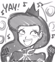 Size: 3000x3400 | Tagged: safe, artist:johnjoseco, imported from derpibooru, princess luna, human, awesome face, blushing, clothes, female, grayscale, happy, high res, humanized, military uniform, monochrome, party, photoshop, solo, uniform, warrior luna, yay