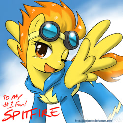 Size: 700x700 | Tagged: safe, artist:johnjoseco, imported from derpibooru, spitfire, pegasus, pony, autograph, female, goggles, mare, photoshop, solo, wink, wonderbolts, wonderbolts uniform