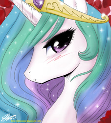 Size: 800x883 | Tagged: safe, artist:johnjoseco, imported from derpibooru, princess celestia, alicorn, pony, :o, bedroom eyes, blushing, bust, female, looking at you, manga style, mare, photoshop, portrait, pretty, profile, solo, sparkles