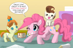 Size: 1100x729 | Tagged: safe, artist:johnjoseco, imported from derpibooru, pinkie pie, pound cake, pumpkin cake, earth pony, pegasus, pony, unicorn, baby, baby pony, biting, cake twins, cotton candy, cube, diaper, female, foal, food, hair bite, mare, mouth hold, photoshop, ponies riding ponies, pound cake riding pinkie pie, riding, siblings, trio, twins