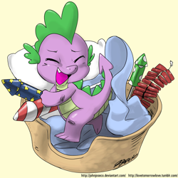 Size: 900x900 | Tagged: safe, artist:johnjoseco, imported from derpibooru, spike, dragon, adobe imageready, basket, blanket, cute, eyes closed, fireworks, male, pillow, simple background, solo, spikabetes