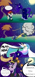 Size: 648x1391 | Tagged: safe, artist:bunnimation, imported from derpibooru, pipsqueak, princess celestia, princess luna, twilight sparkle, alicorn, earth pony, pony, unicorn, 2011, bitchlestia, colt, comic, crying, female, jealous, male, mare, moon, nightmare night, photoshop, royal sisters, siblings, sisters, to the moon, vulgar