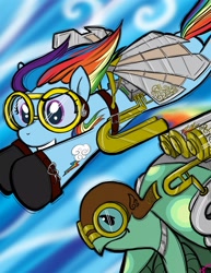 Size: 1275x1650 | Tagged: safe, artist:bunnimation, imported from derpibooru, rainbow dash, tank, pegasus, pony, turtle, artificial wings, augmented, duo, female, flying, goggles, implied amputation, mare, pet, photoshop, steampunk, wings