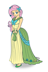 Size: 600x900 | Tagged: safe, artist:empty-10, imported from derpibooru, fluttershy, human, clothes, dress, female, flower, flower in hair, gala dress, gloves, humanized, photoshop, simple background, solo, white background