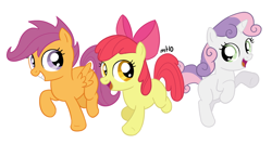 Size: 938x500 | Tagged: safe, artist:empty-10, imported from derpibooru, apple bloom, scootaloo, sweetie belle, earth pony, pegasus, pony, unicorn, cutie mark crusaders, female, filly, photoshop, simple background, trio, white background