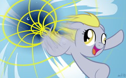 Size: 1440x900 | Tagged: safe, artist:empty-10, imported from derpibooru, derpy hooves, pegasus, pony, female, flying, mare, motion blur, photoshop, smiling, solo, sonic rainboom, sonic xboom, wormhole