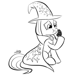 Size: 500x500 | Tagged: safe, artist:empty-10, imported from derpibooru, trixie, pony, unicorn, female, lineart, mare, meme, monochrome, photoshop, pinecone, simple background, solo, trixie eating pinecones