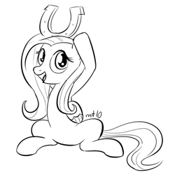 Size: 500x500 | Tagged: safe, artist:empty-10, imported from derpibooru, fluttershy, pegasus, pony, female, horseshoes, lineart, mare, meme, monochrome, photoshop, shoe on head, simple background, sitting, solo