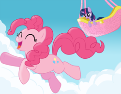 Size: 1200x936 | Tagged: dead source, safe, artist:volmise, imported from derpibooru, pinkie pie, twilight sparkle, earth pony, pony, unicorn, falling, female, hot air balloon, jumping, mare, twinkling balloon