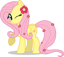 Size: 900x792 | Tagged: dead source, safe, artist:volmise, imported from derpibooru, fluttershy, pegasus, pony, cute, female, flower, flower in hair, mare, photoshop, raised hoof, shyabetes, simple background, solo, white background, wink