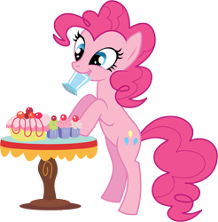 Size: 1571x1594 | Tagged: dead source, safe, artist:volmise, imported from derpibooru, pinkie pie, earth pony, pony, adobe imageready, bipedal, bipedal leaning, cake, cupcake, female, food, leaning, mare, mouth hold, photoshop, simple background, solo, sprinkles, transparent background