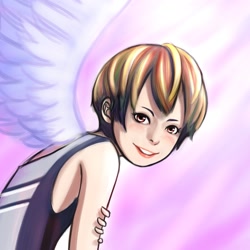 Size: 1300x1300 | Tagged: dead source, safe, artist:ninjaham, imported from derpibooru, rainbow dash, human, acdsee, blushing, female, humanized, looking at you, smiling, solo, winged humanization, wings