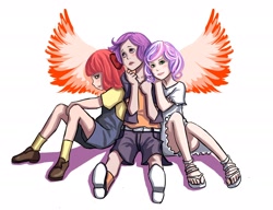 Size: 2600x2000 | Tagged: dead source, safe, artist:ninjaham, imported from derpibooru, apple bloom, scootaloo, sweetie belle, human, acdsee, clothes, cutie mark crusaders, dress, female, high res, humanized, simple background, sitting, trio, winged humanization, wings