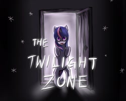 Size: 1250x1000 | Tagged: dead source, safe, artist:ninjaham, imported from derpibooru, twilight sparkle, pony, unicorn, acdsee, bipedal, crossover, door, female, looking at you, mare, pun, rearing, solo, text, the twilight zone