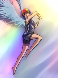 Size: 1275x1725 | Tagged: dead source, safe, artist:ninjaham, imported from derpibooru, rainbow dash, human, acdsee, ankles, armpits, barefoot, clothes, feet, female, flying, gym shorts, humanized, multicolored background, multicolored hair, open mouth, pink eyes, rainbow hair, repdigit milestone, short hair, short hair rainbow dash, shorts, skinny, smiling, solo, spread wings, tanktop, winged humanization, wings