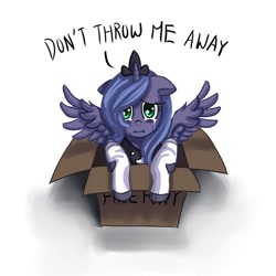 Size: 750x750 | Tagged: dead source, safe, artist:ninjaham, imported from derpibooru, princess luna, alicorn, pony, acdsee, clothes, crying, cute, female, filly, looking at you, lunabetes, pony in a box, s1 luna, sad, socks, solo, woona