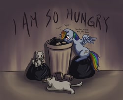 Size: 1100x900 | Tagged: dead source, safe, artist:ninjaham, imported from derpibooru, rainbow dash, cat, pegasus, pony, acdsee, crying, female, homeless, hungry, lonely, mare, sad, solo, trash, trash can